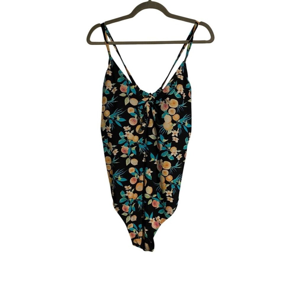 Xhilaration Women 24W Black Floral One-Piece Swimsuit Peek A Boo Back Tropical